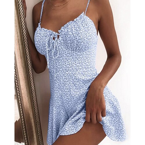 

Women's Sundress Short Mini Dress Dark Yellow Light Pink Blue White Gray Pink Dark Purple Dark Gray Dark Blue Orange Sleeveless Floral Lace up Print Spring Summer V Neck cold shoulder Hot Sexy Slim