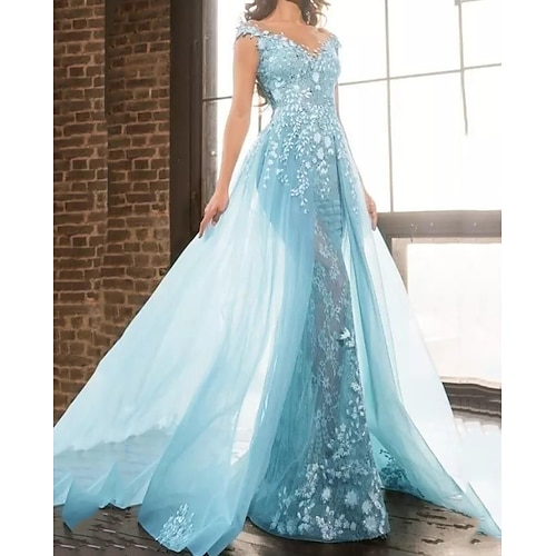 

Mermaid / Trumpet Luxurious Floral Engagement Formal Evening Dress V Neck Short Sleeve Floor Length Tulle with Appliques 2022