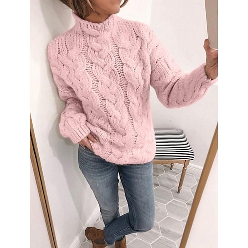 

Women's Pullover Sweater Knitted Solid Color Basic Casual Chunky Long Sleeve Sweater Cardigans Turtleneck Fall Winter Yellow Blushing Pink Gray