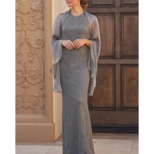 

Two Piece Sheath / Column Mother of the Bride Dress Elegant Jewel Neck Floor Length Chiffon Lace 3/4 Length Sleeve with Embroidery 2022