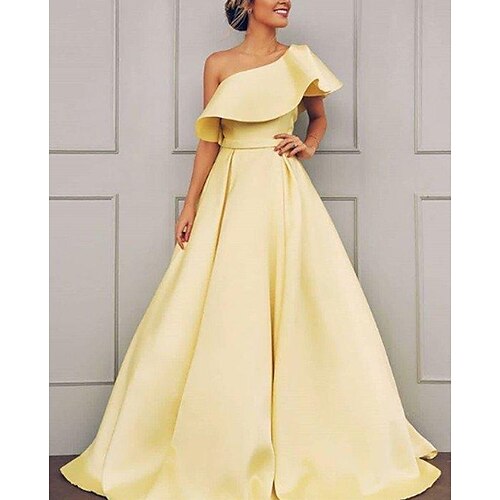 

A-Line Minimalist Elegant Engagement Formal Evening Dress One Shoulder Short Sleeve Sweep / Brush Train Satin with Ruffles 2022