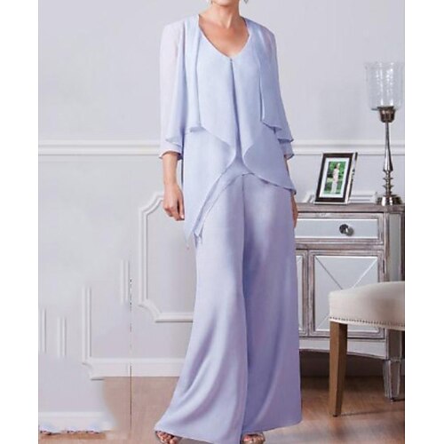 

Pantsuit Mother of the Bride Dress Elegant V Neck Floor Length Chiffon 3/4 Length Sleeve with Pleats 2022