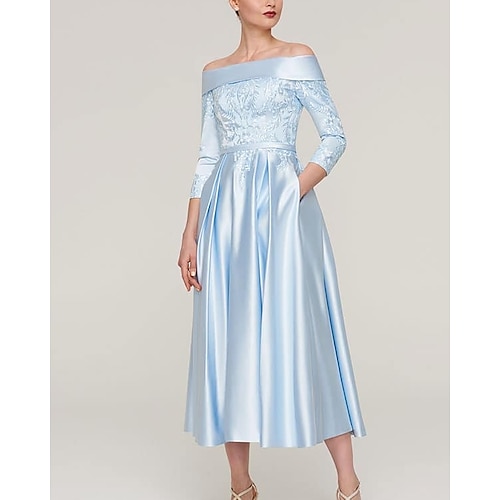 

A-Line Mother of the Bride Dress Elegant Off Shoulder Ankle Length Satin 3/4 Length Sleeve with Pleats Appliques 2022