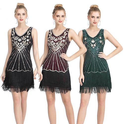 

The Great Gatsby Roaring 20s 1920s Cocktail Dress Vintage Dress Flapper Dress Prom Dress Halloween Costumes Prom Dresses Women's Sequins Tassel Fringe Costume Vintage Cosplay Party Homecoming Prom