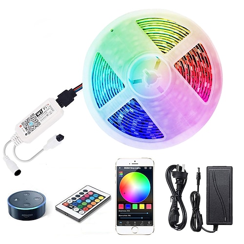 

5M 16.4ft LED Strip Light Smart RGB WiFi IP65 Watetproof Work with Alexa Google 300 LEDS 5050 SMD with IR24 key Controller Kit DC12V