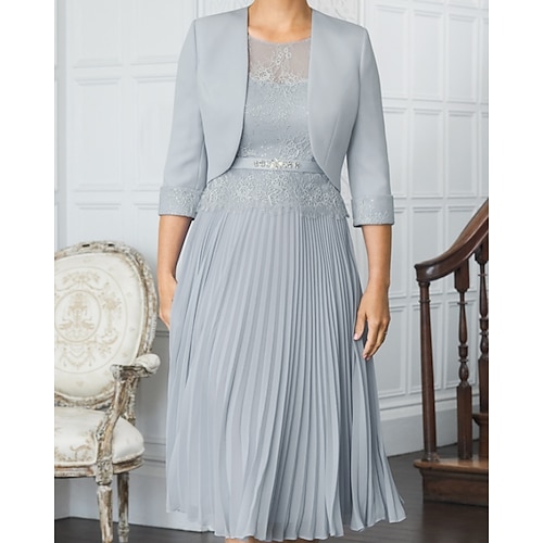 

A-Line Mother of the Bride Dress Plus Size Elegant Illusion Neck Jewel Neck Tea Length Chiffon 3/4 Length Sleeve with Pleats Sequin Embroidery 2022