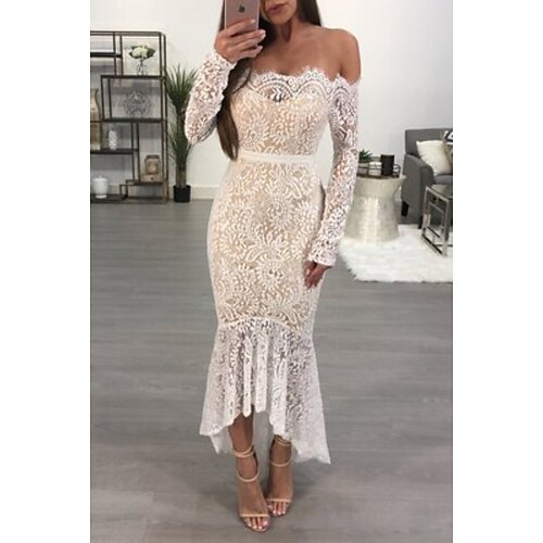 

Women's Party Dress White Dress Long Dress Maxi Dress White Long Sleeve Floral Lace Winter Fall Autumn Off Shoulder Hot Party Winter Dress Fall Dress Slim S M L XL