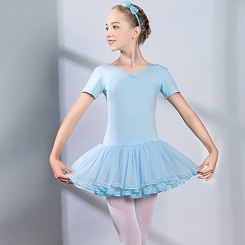 

Ballet Dress Bow(s) Cascading Ruffles Ruching Girls' Training Performance Short Sleeve High Spandex Tulle
