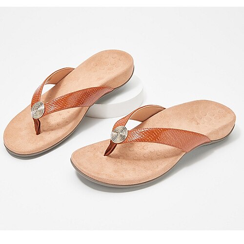 

Women's Slippers & Flip-Flops Home Daily Flip-Flops Beach Slippers Summer Flat Heel Open Toe Casual Faux Leather Loafer Light Brown Leopard Black
