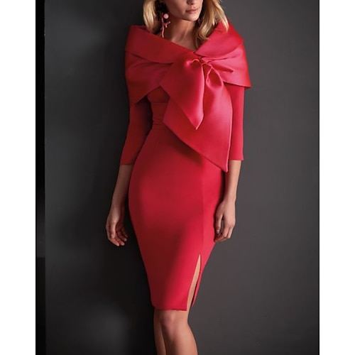 

Sheath / Column Mother of the Bride Dress Elegant Bateau Neck Knee Length Satin 3/4 Length Sleeve with Split Front Flower 2022