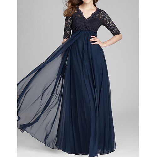 

A-Line Mother of the Bride Dress Elegant V Neck Floor Length Chiffon Lace Half Sleeve with Pleats Appliques 2022