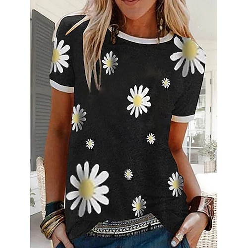 

Women's T shirt Floral Graphic Prints Flower Round Neck Tops Green / 3D Print