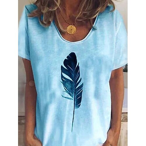 

Women's T shirt Tee Light Blue White Gradient Feather Short Sleeve Daily V Neck Loose Fit S / 3D Print