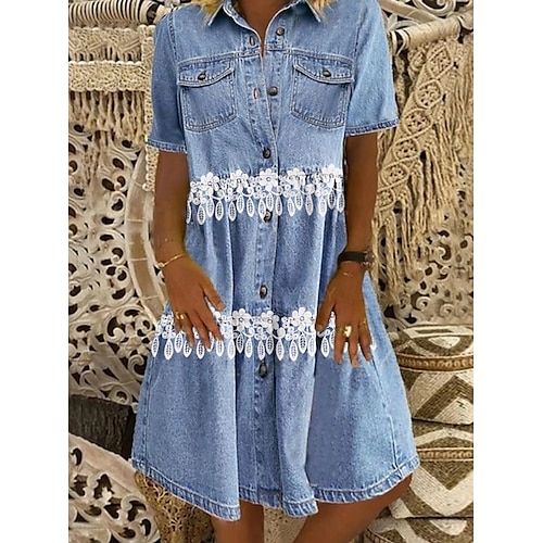 

Dame Denimkjoler Midikjole Blå Kortærmet Blonder Forår Sommer Krave M L XL XXL 3XL
