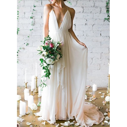 

A-Line Wedding Dresses V Neck Spaghetti Strap Sweep / Brush Train Chiffon Sleeveless Simple Beach Backless with Cascading Ruffles 2022