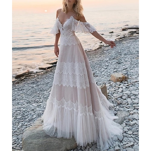 

A-Line Wedding Dresses V Neck Spaghetti Strap Sweep / Brush Train Lace Tulle Half Sleeve Beach Sexy Plus Size with Lace Pleats 2022