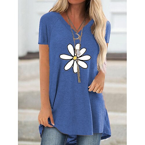 

Women's T shirt Dress Tunic T shirt Tee Blue Khaki Gray Floral Flower Print Short Sleeve Daily Basic V Neck Long Loose Fit S / Summer / 3D Print