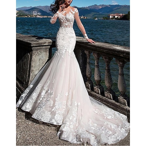 

Mermaid / Trumpet Wedding Dresses Jewel Neck Court Train Lace Tulle Long Sleeve Formal See-Through with Embroidery Appliques 2022