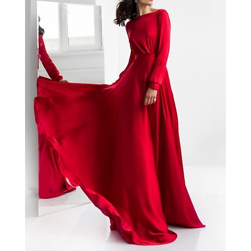 

A-Line Beautiful Back Elegant Engagement Formal Evening Dress Jewel Neck Long Sleeve Sweep / Brush Train Satin with Pleats 2022