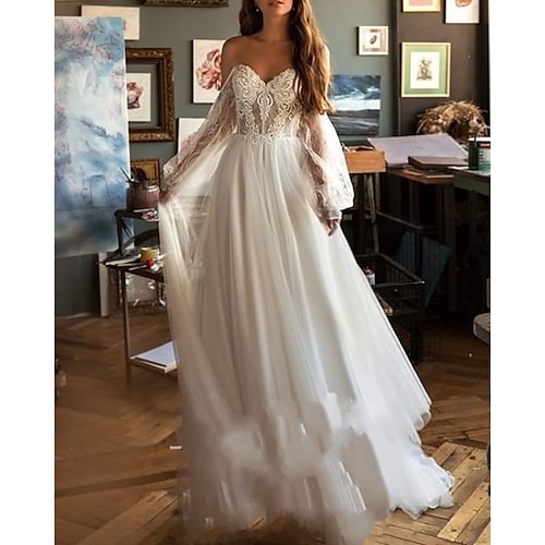 

A-Line Wedding Dresses Jewel Neck Sweep / Brush Train Chiffon Lace Tulle Long Sleeve Beach Sexy Illusion Sleeve with Embroidery 2022