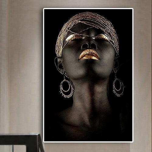 

Wall Art Canvas Prints Posters Painting Artwork Picture African American Gold Earrings Necklace Black Pretty Girl Home Decoration Décor Rolled Canvas No Frame Unframed Unstretched