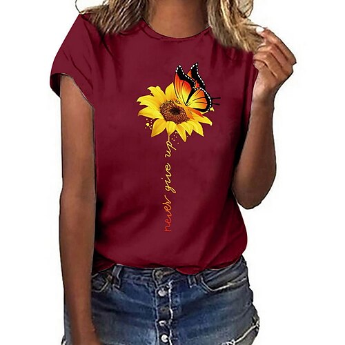 

Women's T shirt Tee Yellow Wine Army Green Geometric Sunflower Short Sleeve Daily Weekend Round Neck S