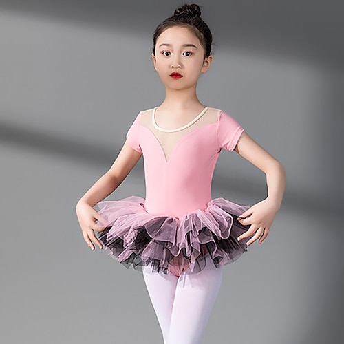 

Ballet Dress Lace Split Joint Tiered Girls' Training Performance Short Sleeve High Spandex Lace Tulle