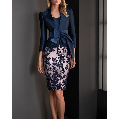 

Two Piece Sheath / Column Mother of the Bride Dress Elegant V Neck Knee Length Satin Lace Short Sleeve Short Jacket Dresses with Bow(s) Appliques 2022