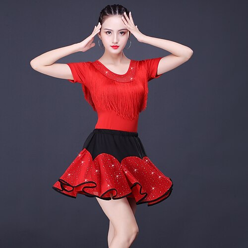 

Latin Dance Skirts Tassel Women's Training Performance Short Sleeve Natural Tulle Milk Fiber