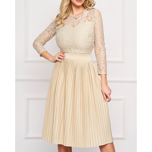 

A-Line Mother of the Bride Dress Elegant Jewel Neck Knee Length Chiffon Lace 3/4 Length Sleeve with Pleats Embroidery 2022