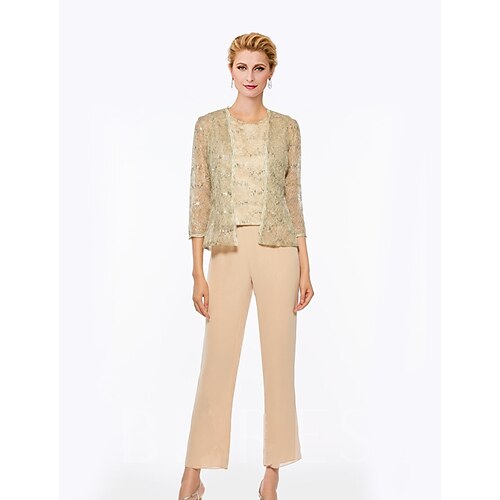 

Pantsuit Mother of the Bride Dress Elegant Jewel Neck Ankle Length Chiffon Lace Sleeveless with Lace Appliques 2022