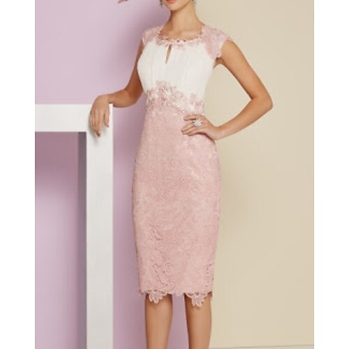 

Sheath / Column Mother of the Bride Dress Vintage Elegant Jewel Neck Knee Length Satin Lace Short Sleeve with Embroidery 2022