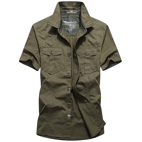 

Men's Hiking Shirt / Button Down Shirts Short Sleeve Shirt Top Outdoor Breathable Sweat wicking Skin Friendly Summer Cotton Light Green Army Green Khaki Hunting Fishing Beach