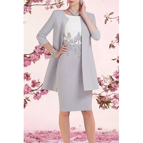 

Sheath / Column Mother of the Bride Dress Jewel Neck Knee Length Satin 3/4 Length Sleeve Jacket Dresses with Appliques 2022