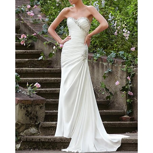 

Mermaid / Trumpet Wedding Dresses Strapless Sweep / Brush Train Chiffon Over Satin Sleeveless Formal Sexy with Ruched Beading 2022
