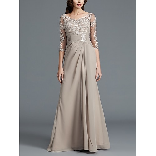 

A-Line Mother of the Bride Dress Elegant Scoop Neck Floor Length Chiffon Lace 3/4 Length Sleeve with Pleats Appliques 2022