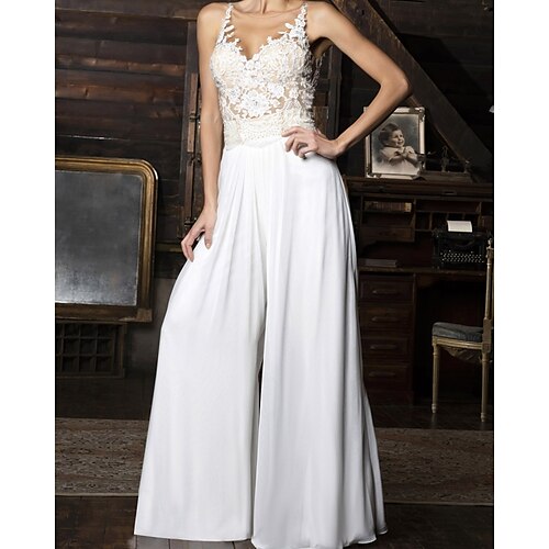 

Jumpsuits Wedding Dresses V Neck Floor Length Chiffon Sleeveless Vintage Sexy with Appliques 2022