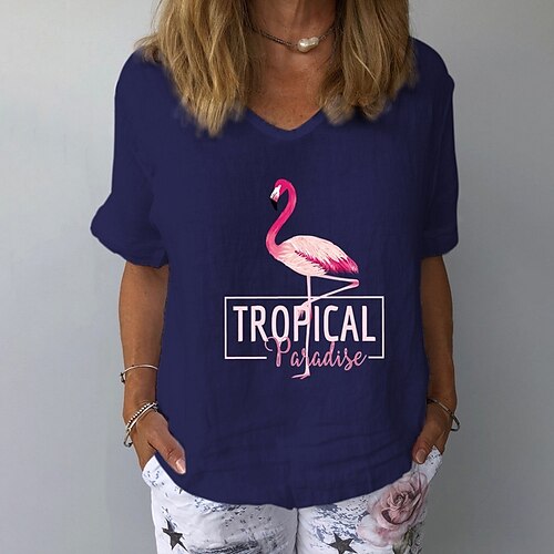 

Damen T Shirt Weiß Gelb Marineblau Tier Kurzarm Täglich V Ausschnitt S