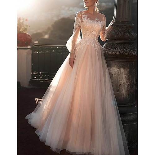 

A-Line Wedding Dresses Jewel Neck Sweep / Brush Train Lace Tulle Long Sleeve Sexy Wedding Dress in Color See-Through with Embroidery Appliques 2022