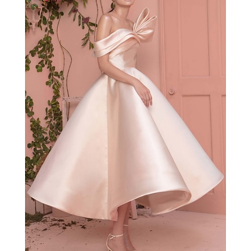 

A-Line Minimalist Elegant Engagement Prom Valentine's Day Dress Off Shoulder Short Sleeve Ankle Length Satin with Sleek 2022