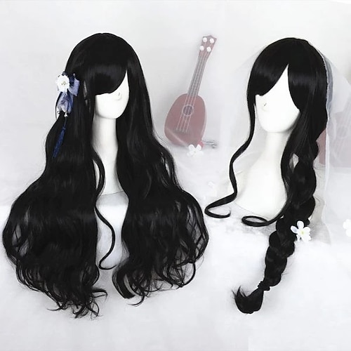 

Cosplay Costume Wig Cosplay Wig Lolita Curly Cosplay Asymmetrical With Bangs Wig Long Black Synthetic Hair 31 inch Women's Anime Cosplay Comfortable Black