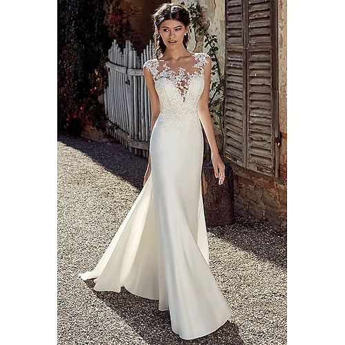 

A-Line Wedding Dresses Bateau Neck Court Train Lace Satin Tulle Cap Sleeve Romantic Sexy See-Through Backless with Appliques 2022