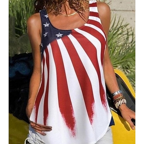 

Women's Blouse Tank Top White USA American Flag Sleeveless Daily Round Neck Independence Day S