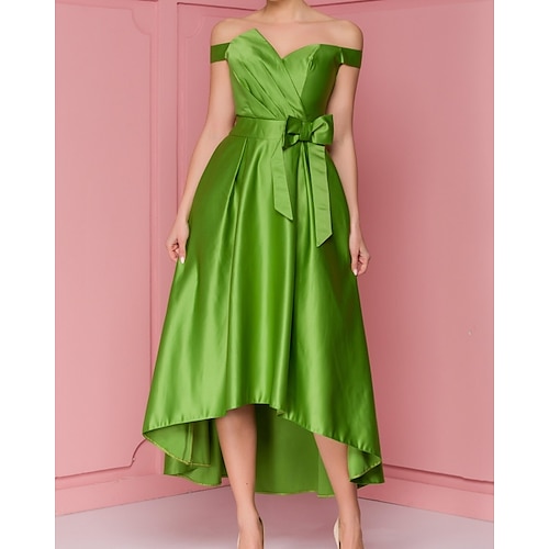 

A-Line Cocktail Dresses Vintage Dress Engagement Asymmetrical Short Sleeve Off Shoulder Satin with Bow(s) Pleats 2022 / Cocktail Party / High Low