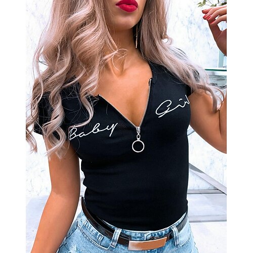 

Women's T shirt Tee Letter Daily T shirt Tee Short Sleeve Quarter Zip V Neck Slim Black Beige S / Summer