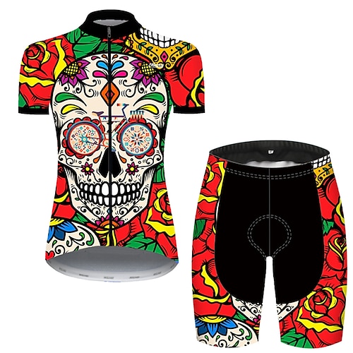 

21Grams Women's Cycling Jersey with Shorts Short Sleeve Mountain Bike MTB Road Bike Cycling Black Red Skull Rose Sugar Skull Bike Clothing Suit 3D Pad Breathable Ultraviolet Resistant Quick Dry