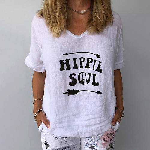 

Women's T shirt Tee White Yellow Navy Blue Letter Short Sleeve Daily V Neck S