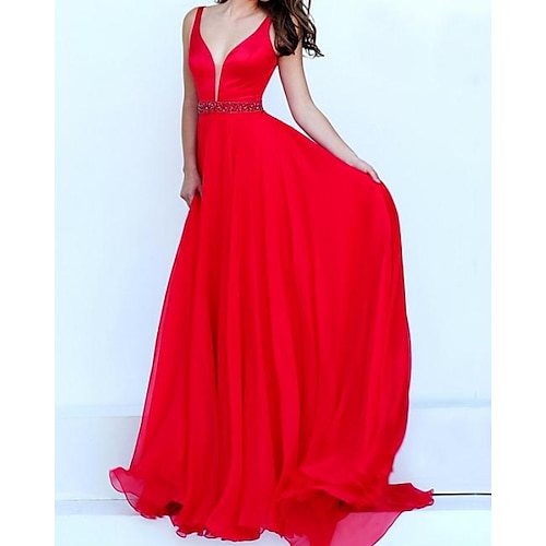 

A-Line Evening Dresses Elegant Dress Engagement Floor Length Sleeveless Illusion Neck Chiffon with Sash / Ribbon Pleats 2022 / Formal Evening