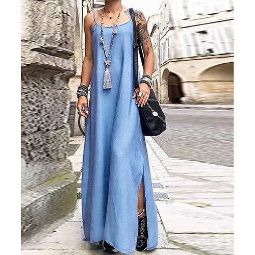 Women's Strap Dress Maxi long Dress Dusty Blue Light Blue Sleeveless Solid Color Summer Round Neck Casual 2022 S M L XL XXL 3XL 4XL 5XL