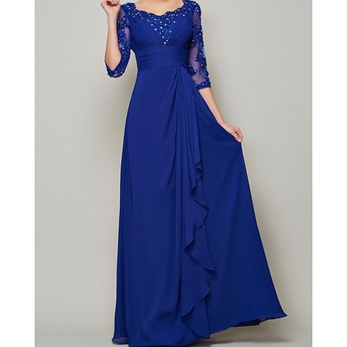 

A-Line Mother of the Bride Dress Elegant Scalloped Neckline Floor Length Chiffon Half Sleeve with Pleats Beading 2022